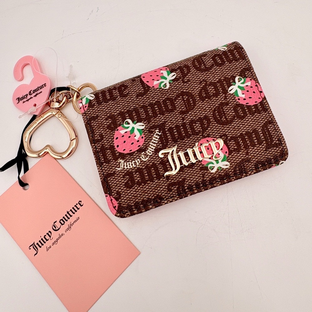 Juicy Couture Strawberry Monogram‎ Card Holder Wallet Brown Pink Heart Keychain